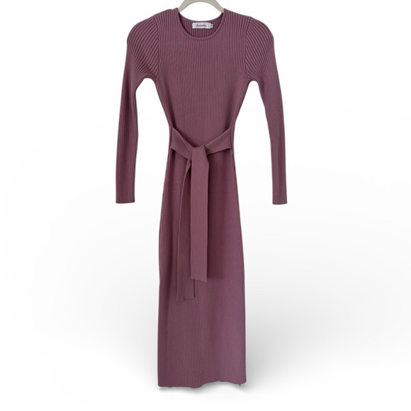 ANRABESS Crewneck Tie Waist Slim Fit Knit Slit Midi Dress, Purple - Picture 3 of 14